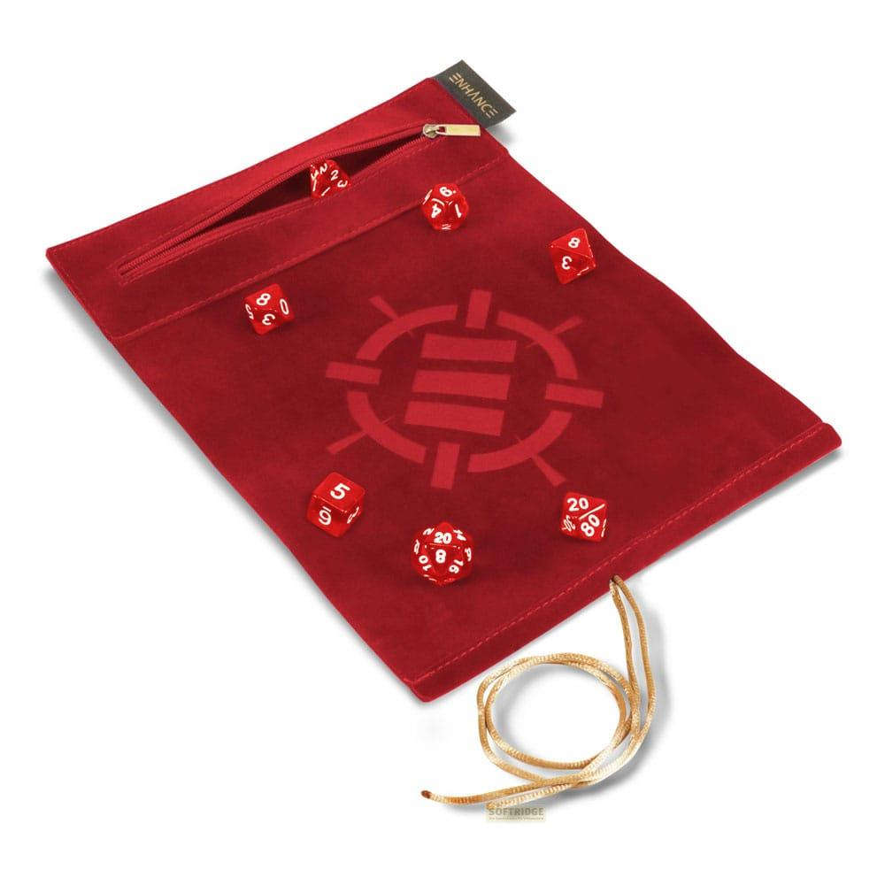 Sacchetto di stoffa rosso con cerniera, dadi e un logo.
