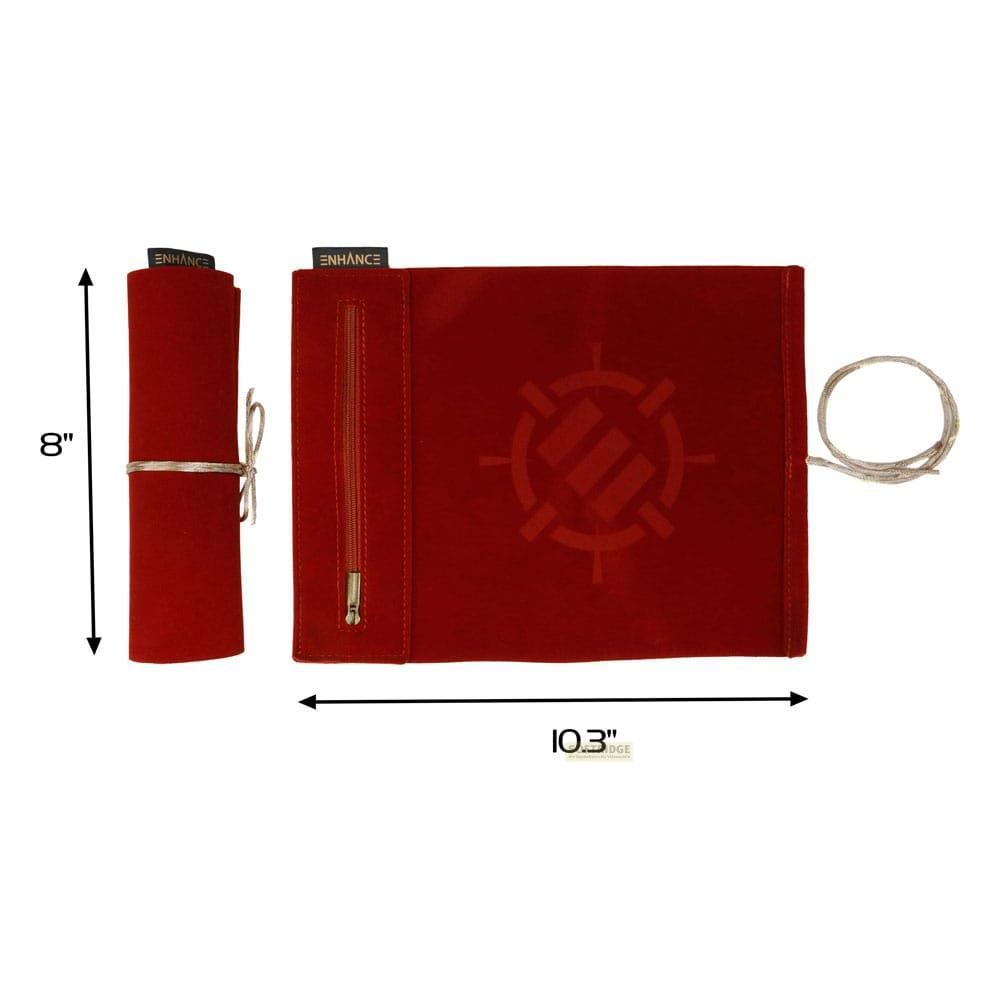 Custodia rossa con cerniera, alta 8" e larga 10,3", con logo.