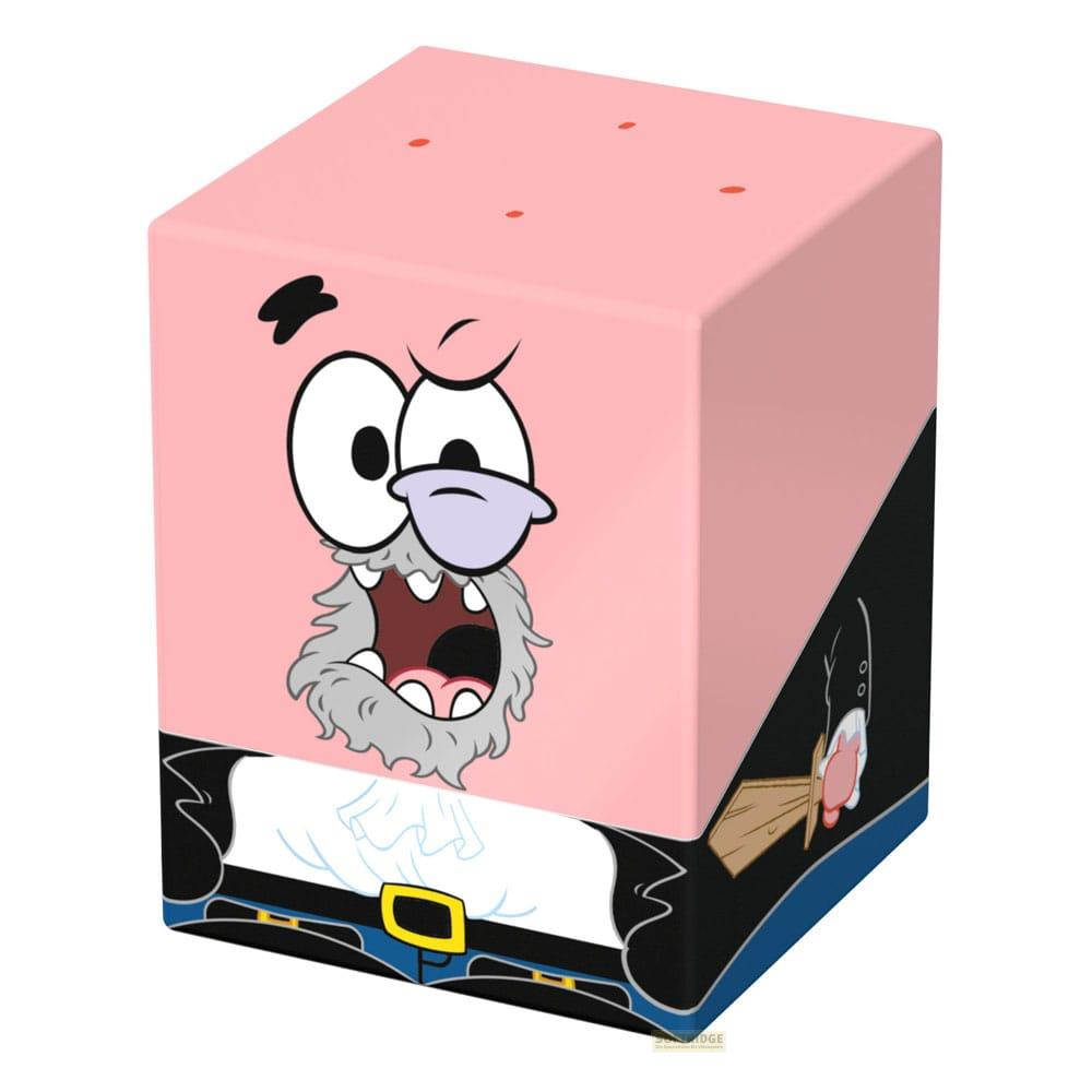 Un cubo rosa con la faccia di Patrick Stella vestito con un abito.