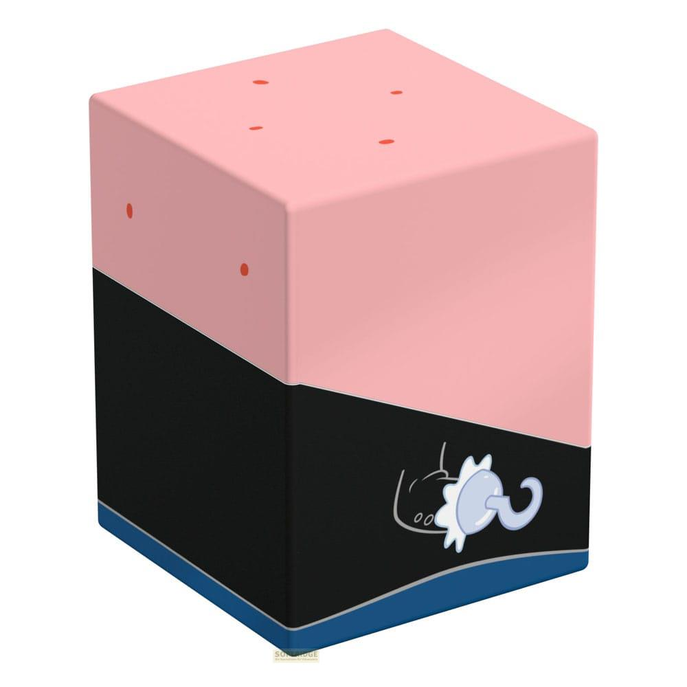 Un cubo rosa e nero con base blu e illustrazione di una creatura.