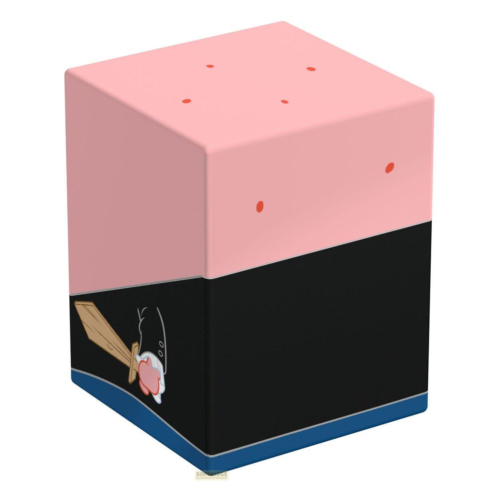 Un cubo rosa con punti rossi e design di spada su sfondo nero.