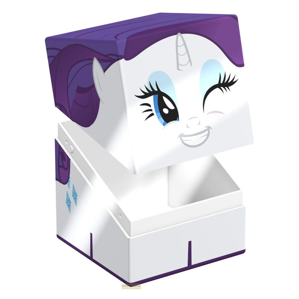 Boîte blanche avec crinière violette et visage de poney faisant un clin d'œil.