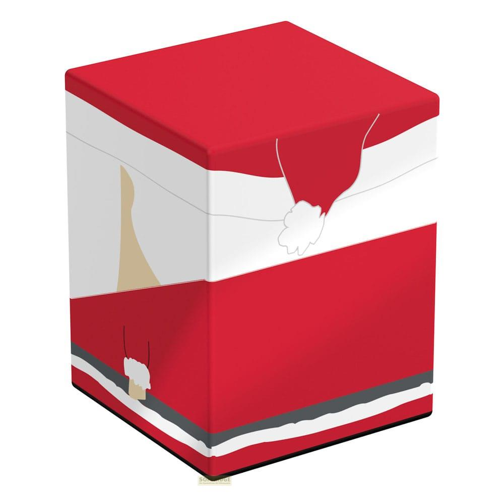 Un cubo rosso e bianco con design di costume di Babbo Natale.