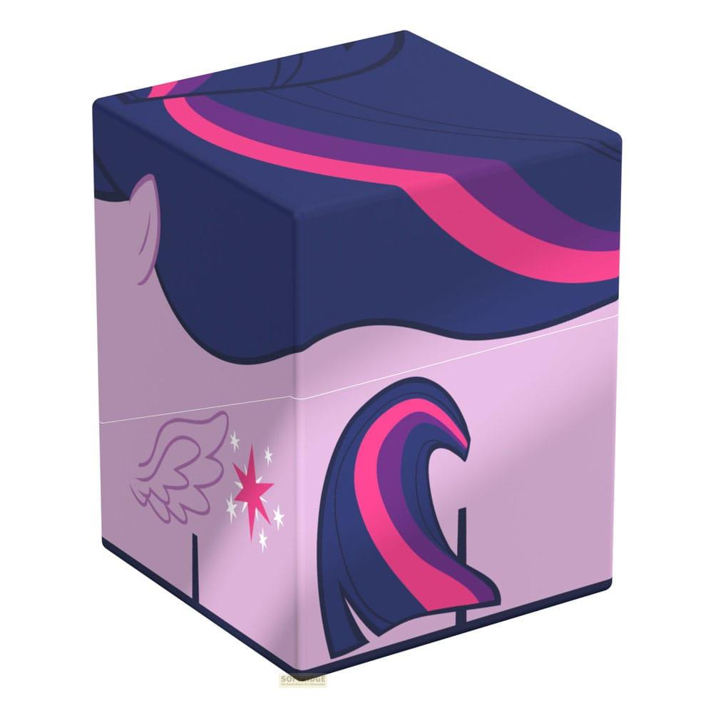 Boîte violette avec design de poney bleu et rose, ornée d'étoiles.