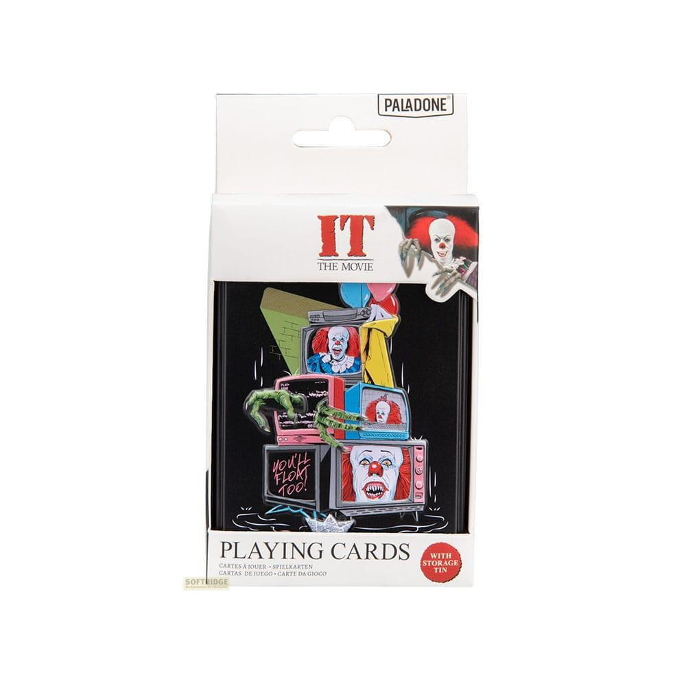 Cartes à jouer du film "It" avec Pennywise sur des téléviseurs disant "Tu flotteras aussi !".