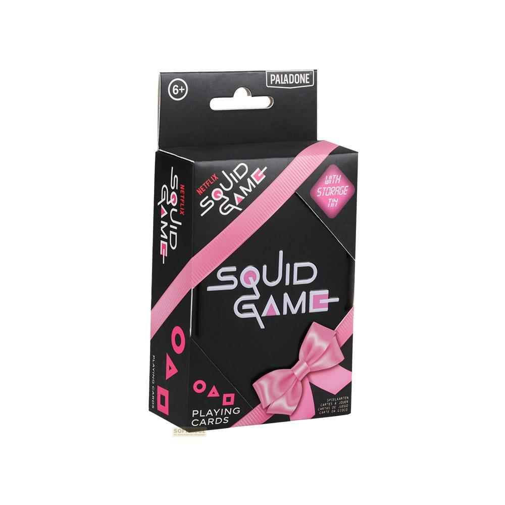 Scatola di carte da gioco Squid Game con fiocco rosa e grafica, include latta.