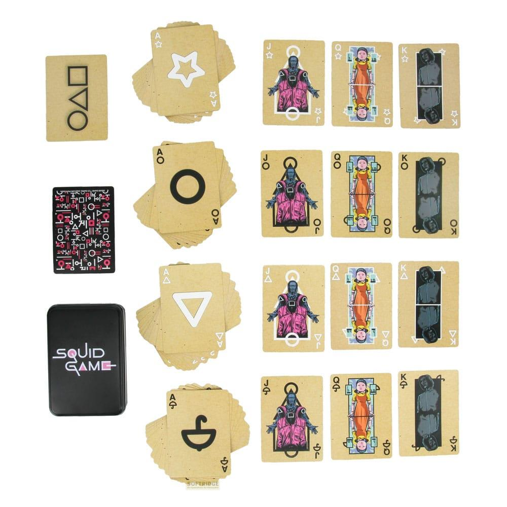 Carte da gioco Squid Game con simboli: cerchio, stella, triangolo e figure.