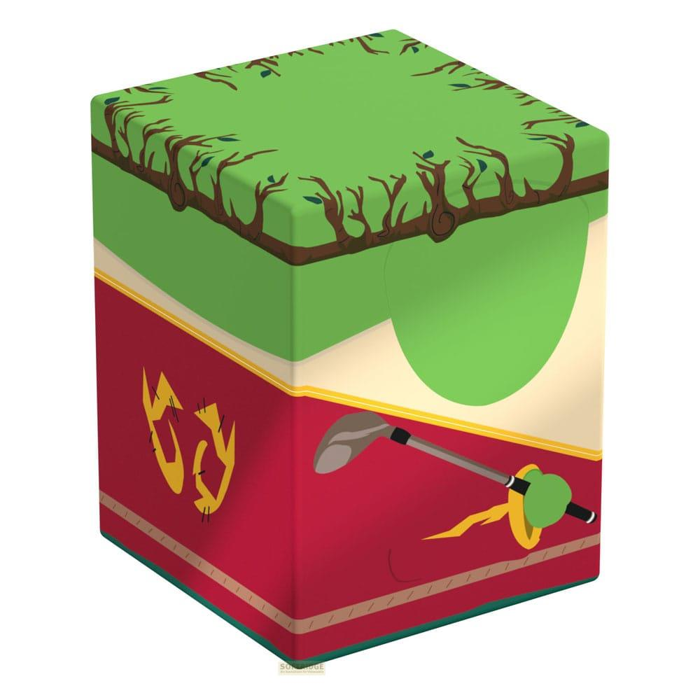 Un cubo a tema golf: base rossa, erba verde e alberi in cima.