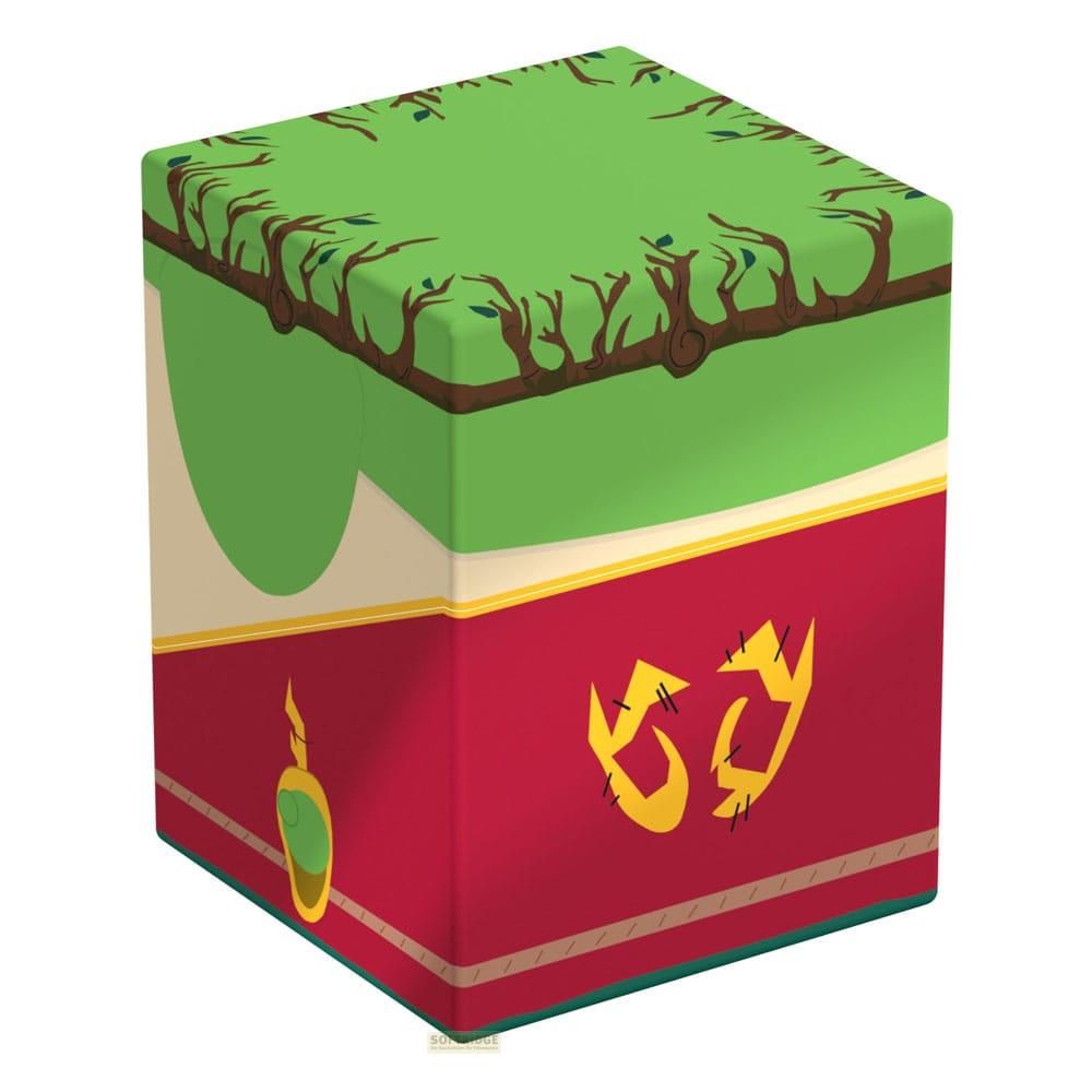Un cubo verde con motivi di alberi e foglie e lati rossi con simboli gialli.