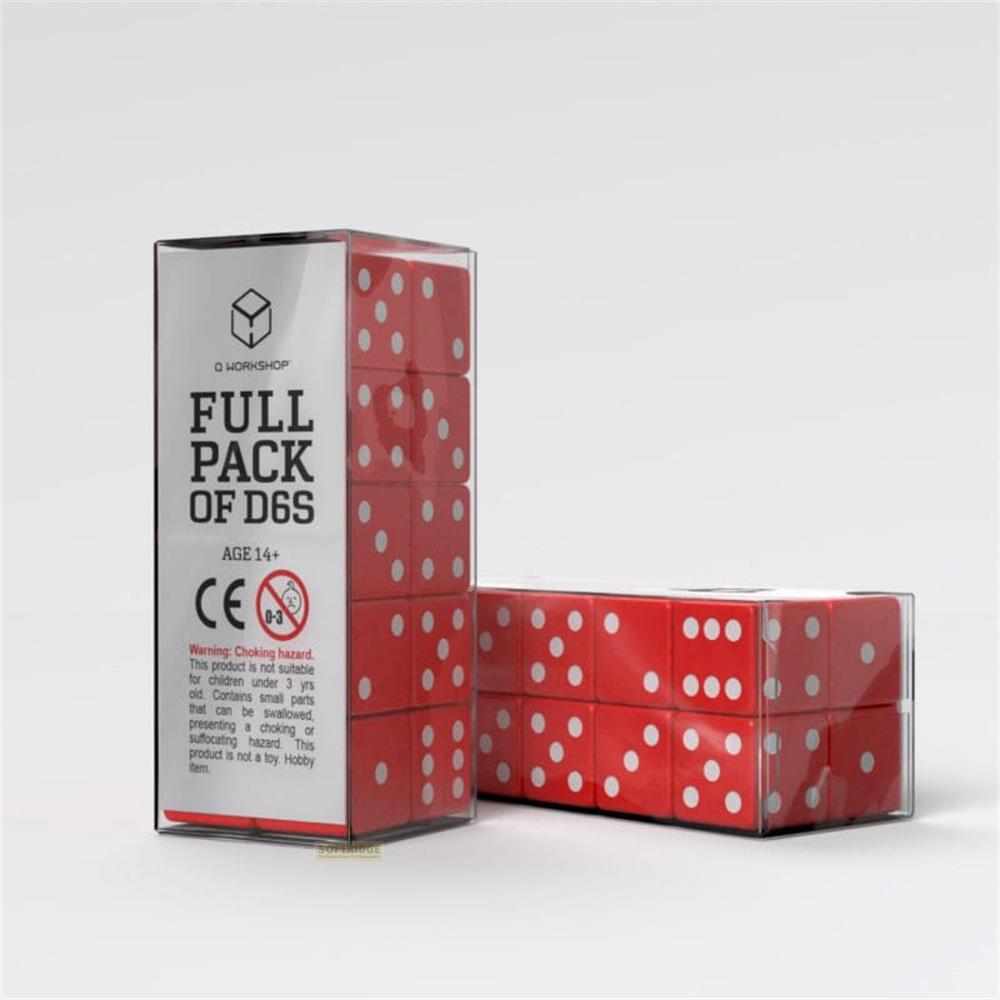 Confezione di dadi rossi, etichettata 'FULL PACK OF D6S'.