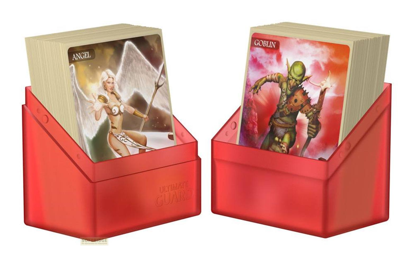 Deux porte-cartes rouges avec des cartes de jeu : un ange et un gobelin.