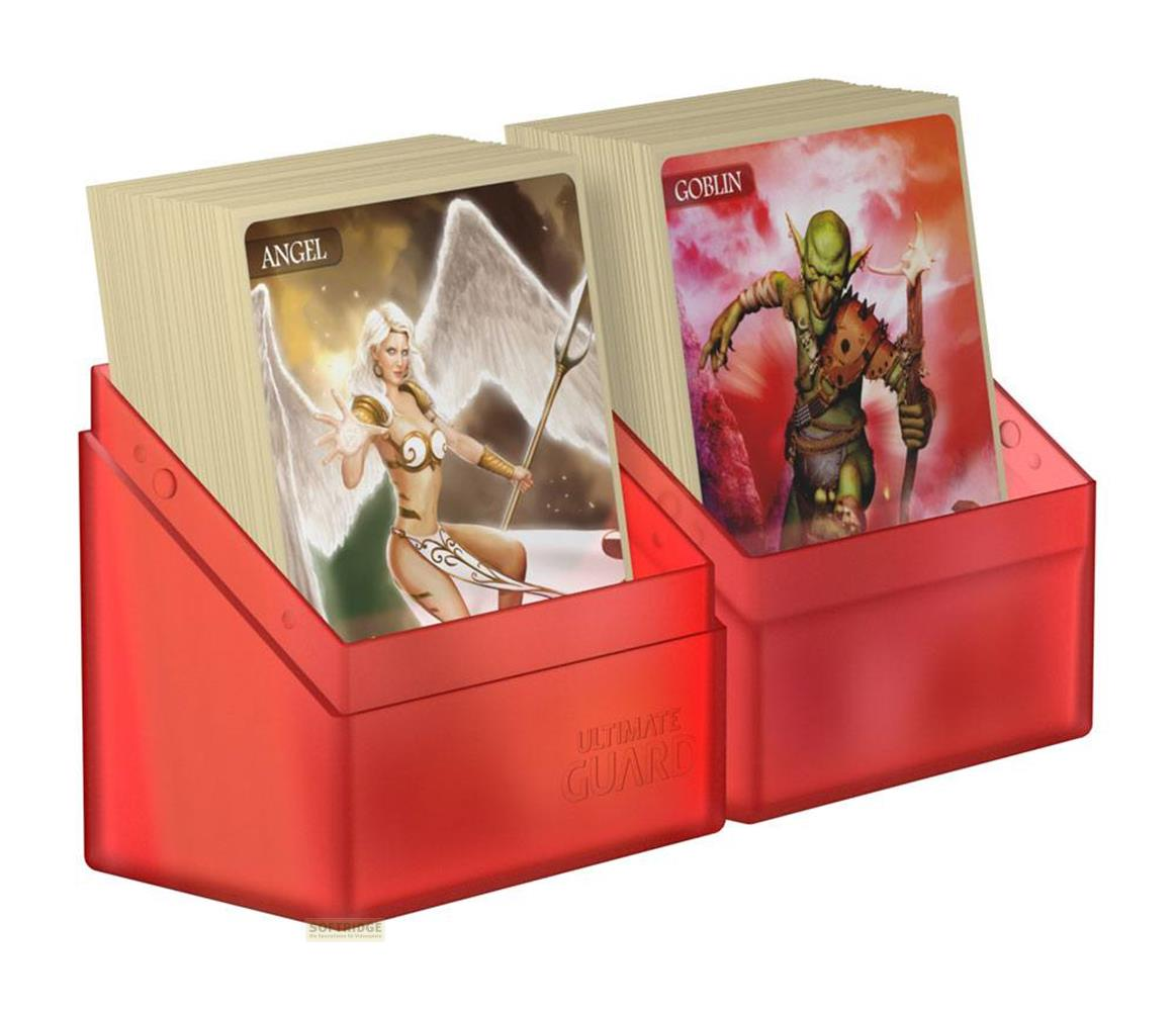 Deux porte-cartes rouges avec des piles de cartes de jeu représentant un ange et un gobelin.