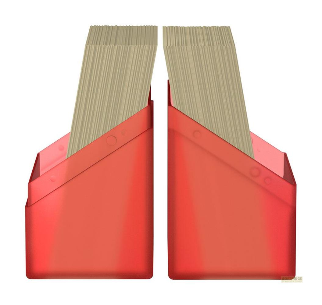 Deux porte-cartes rouges avec des piles de cartes ou de papier couleur crème, sur fond blanc.