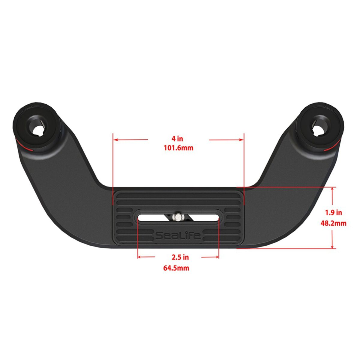 Schwarzer Kamerahalter mit Maßen: 101,6 mm breit, 48,2 mm hoch.