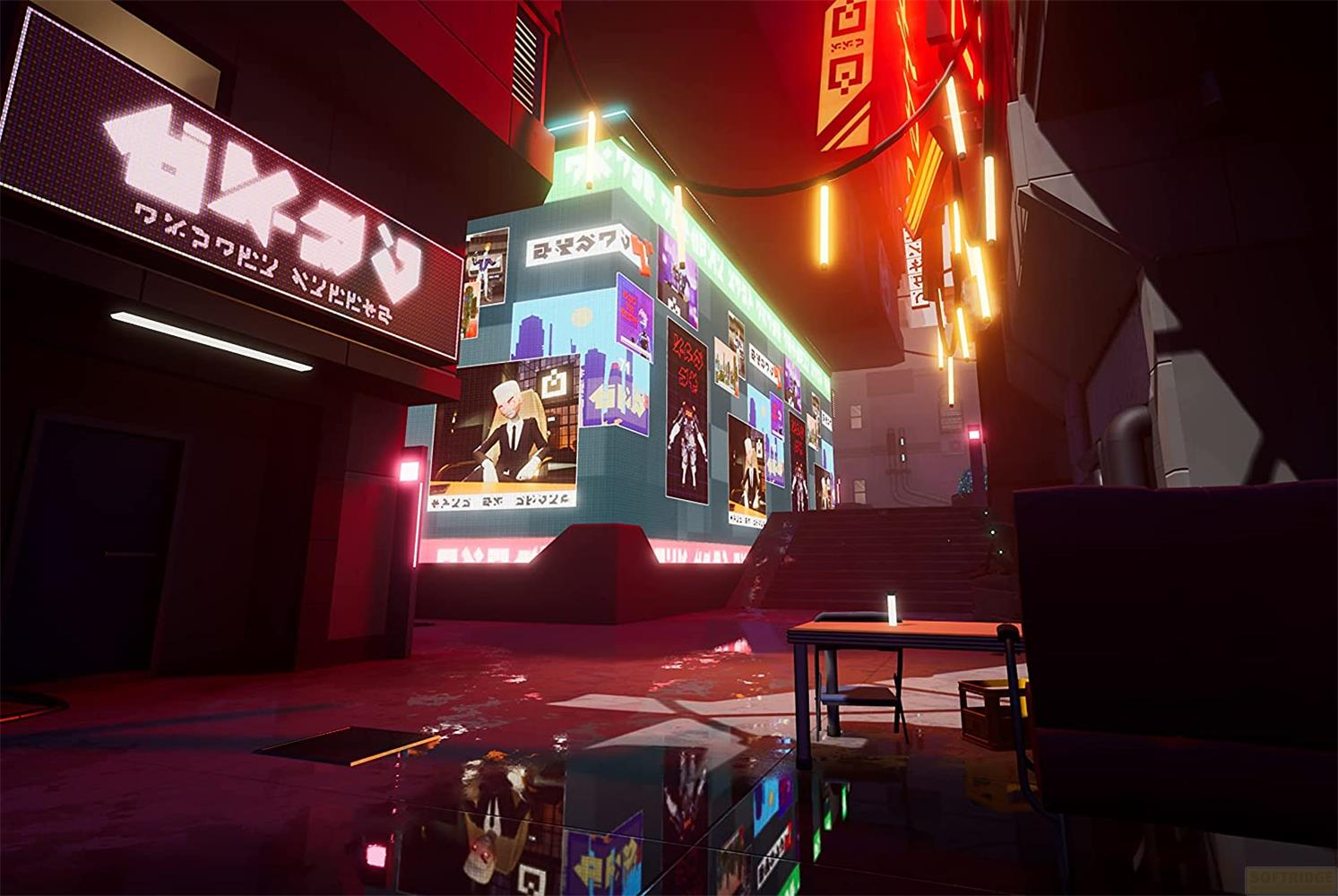 Cyberpunk-Gasse mit Neonlichtern, nassen Böden und Werbetafeln.