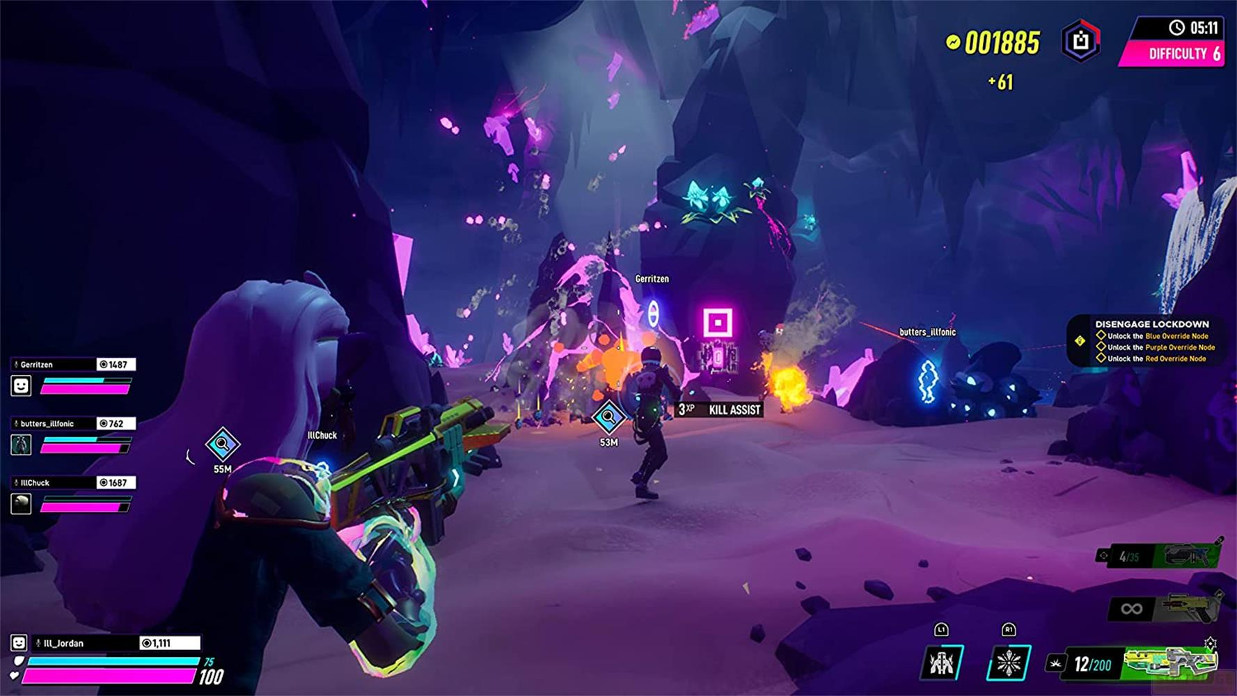 Spieler in einer lila Höhle mit leuchtenden Kristallen und Feinden.