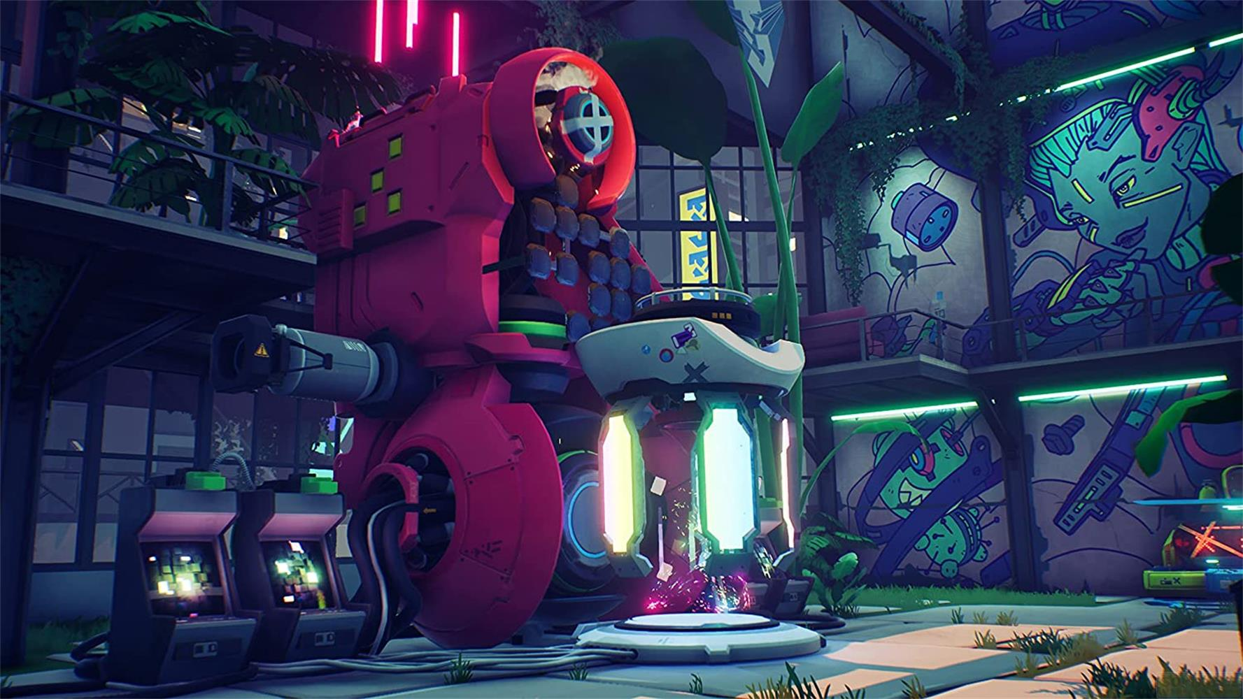 Ein großer pinker Roboter steht in einem neongelben Raum mit Spielautomaten und Graffiti.