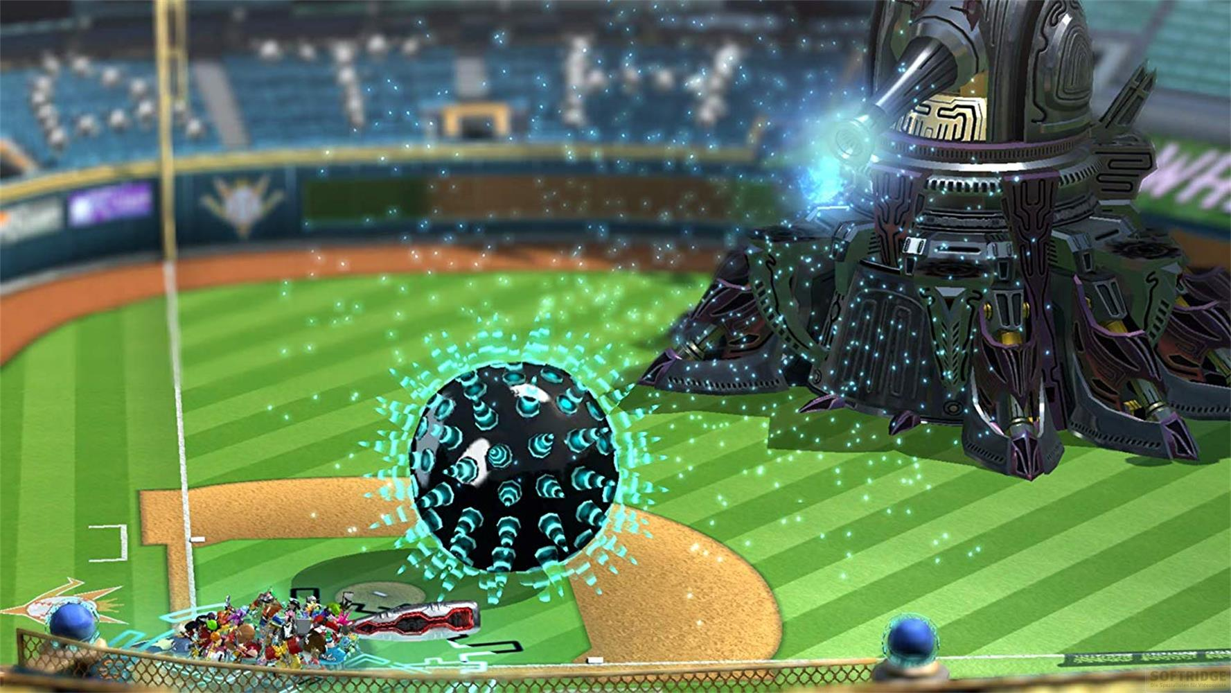 Ein futuristisches Fahrzeug mit einer Kugel auf einem Baseballfeld.