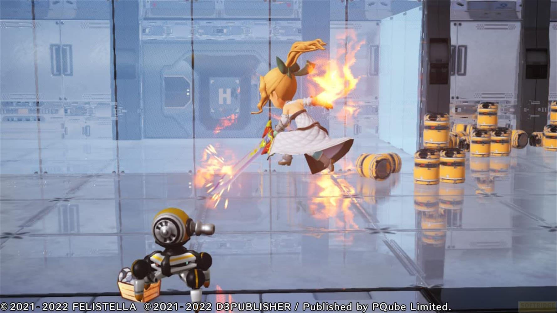 Una chica con espada y llamas lucha contra un robot en entorno sci-fi.