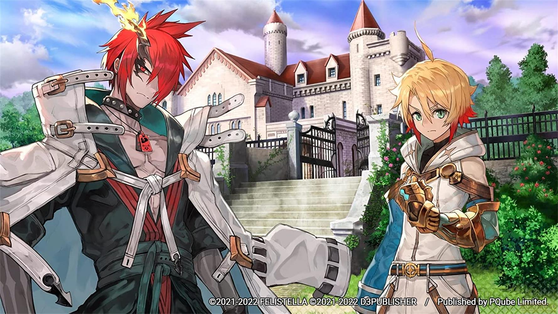 Dos personajes de anime frente a un castillo, uno con pelo rojo y llamas, el otro con pelo rubio.