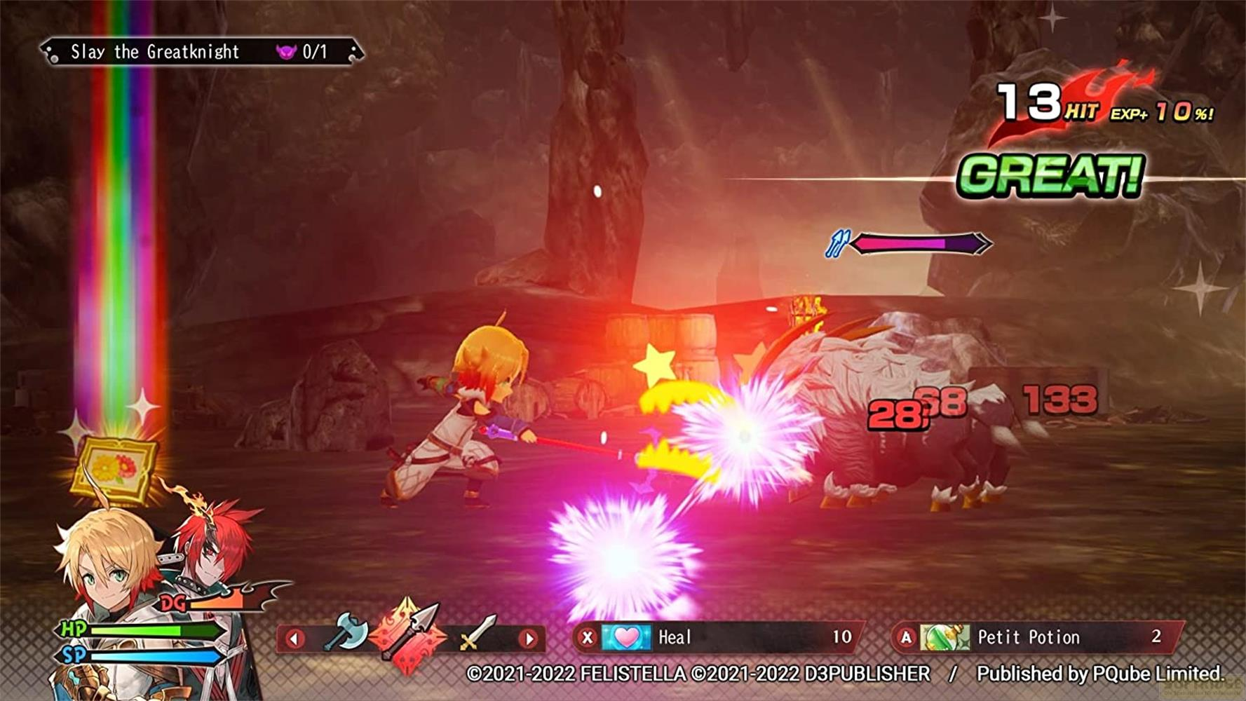 Personajes de anime luchan en un juego, un personaje ataca con una ráfaga mágica.