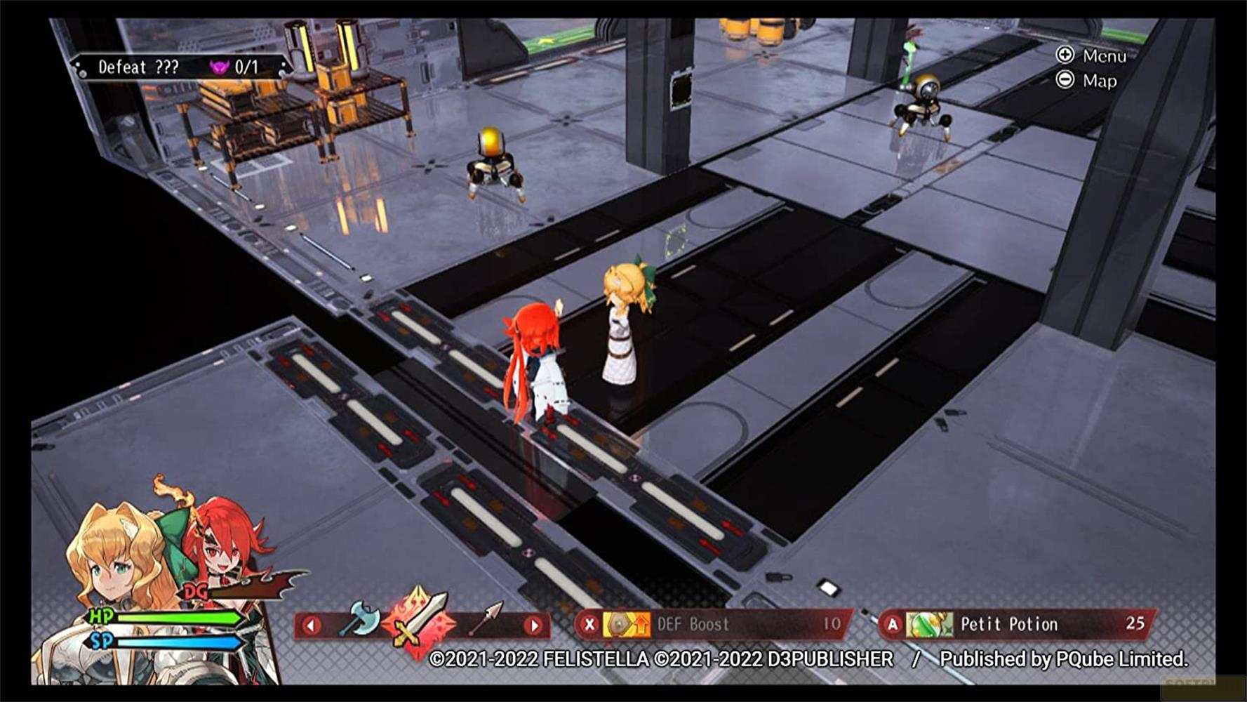 Dos personajes de anime en un campo de batalla futurista con robots.