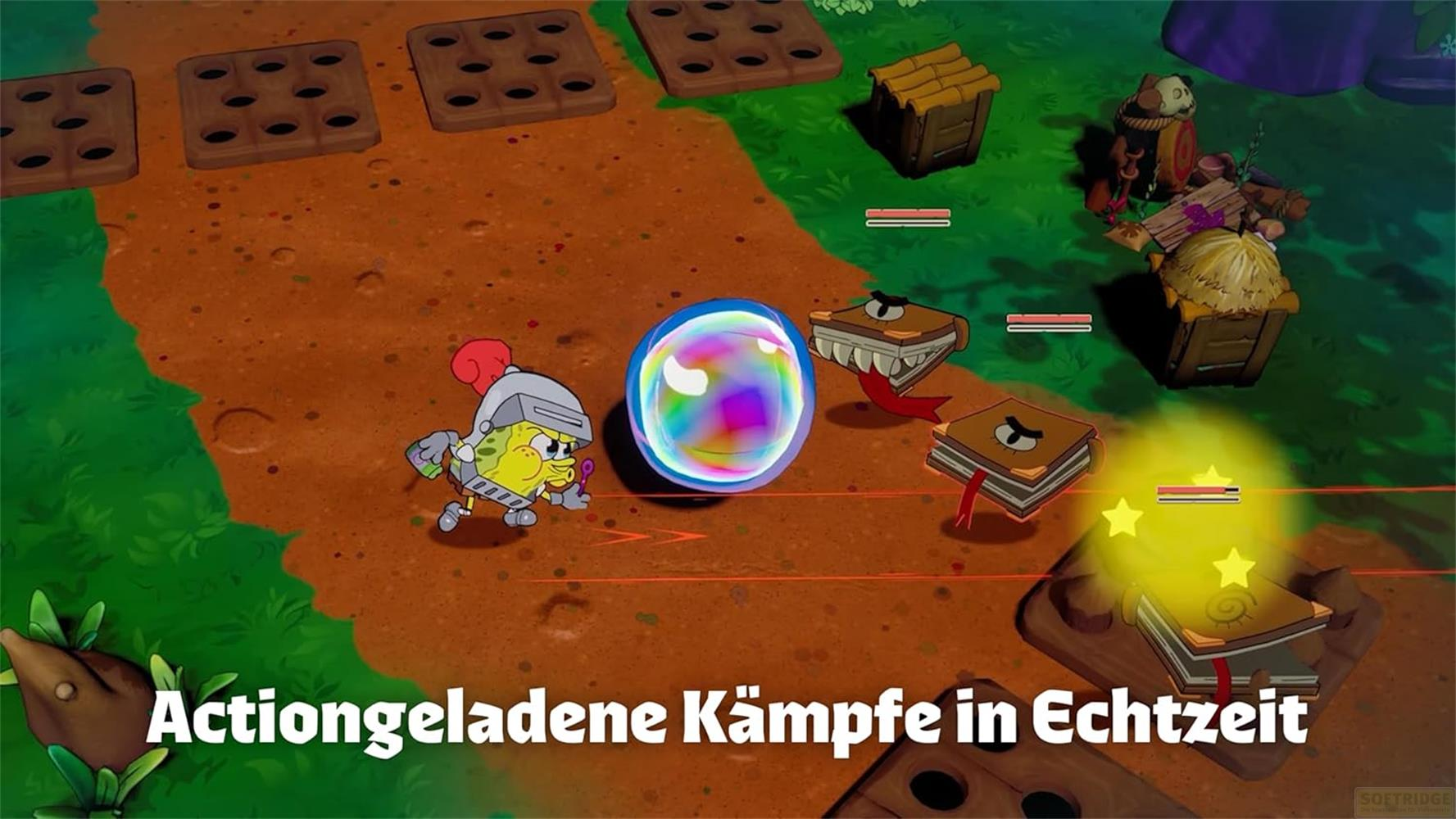 Spongebob als Ritter kämpft gegen Bücher, die wie Monster aussehen.