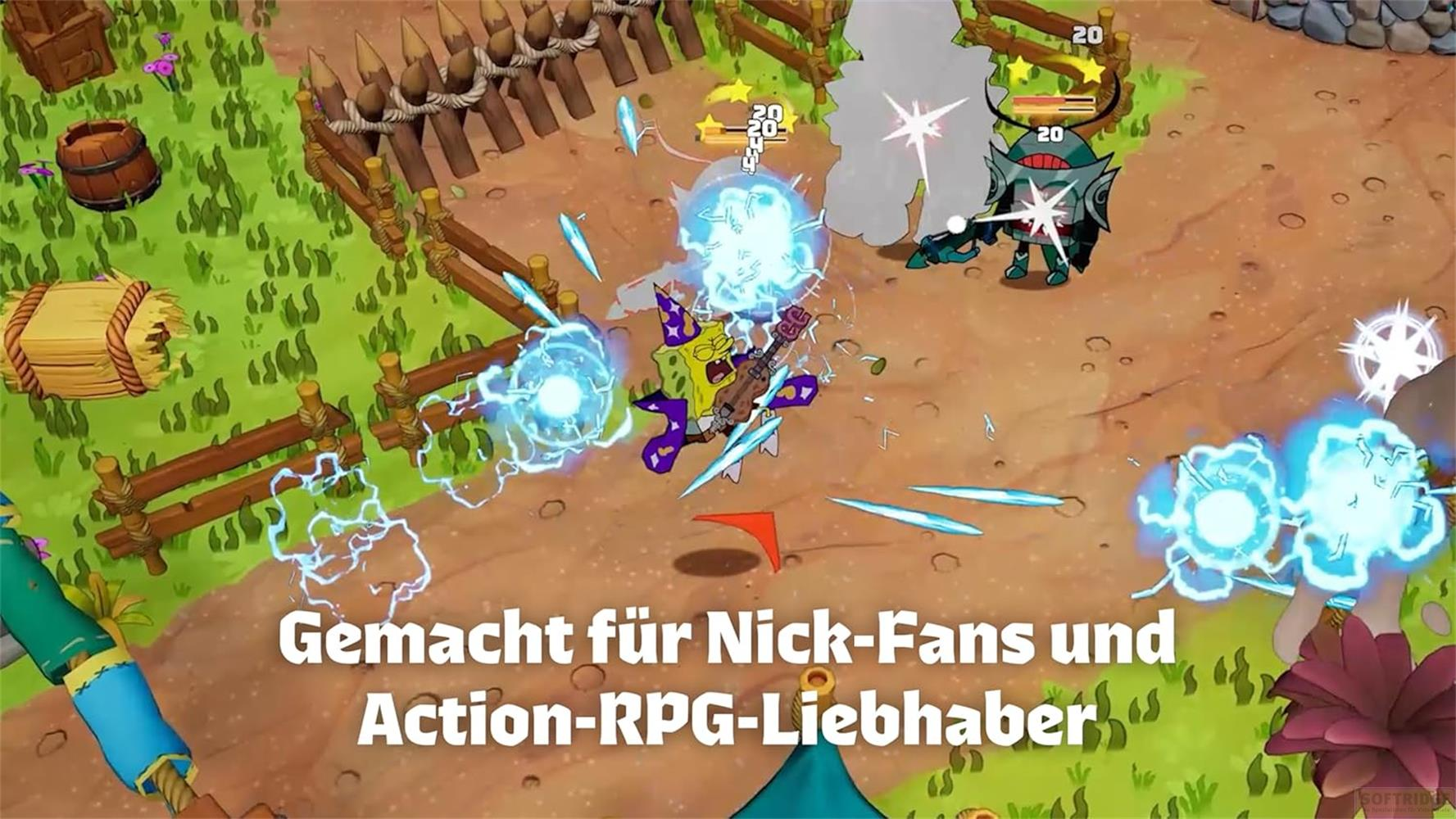 Spongebob als Magier kämpft mit einem Gegner in einem Videospiel.