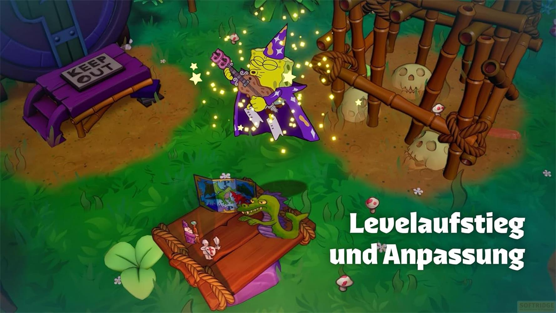 Spongebob als Magier spielt Ukulele, ein Drache liest auf einer Karte, daneben Totenschädel.