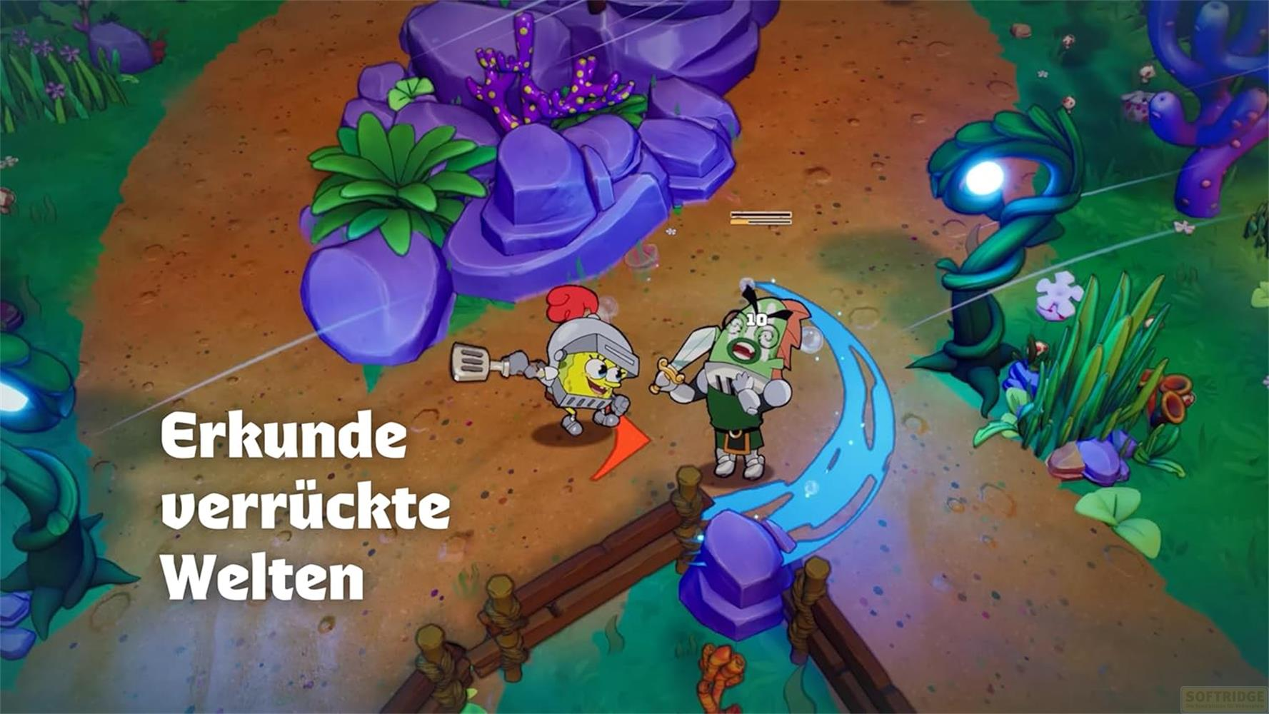 Spongebob als Ritter kämpft gegen einen grünen Gegner in einer Fantasiewelt.