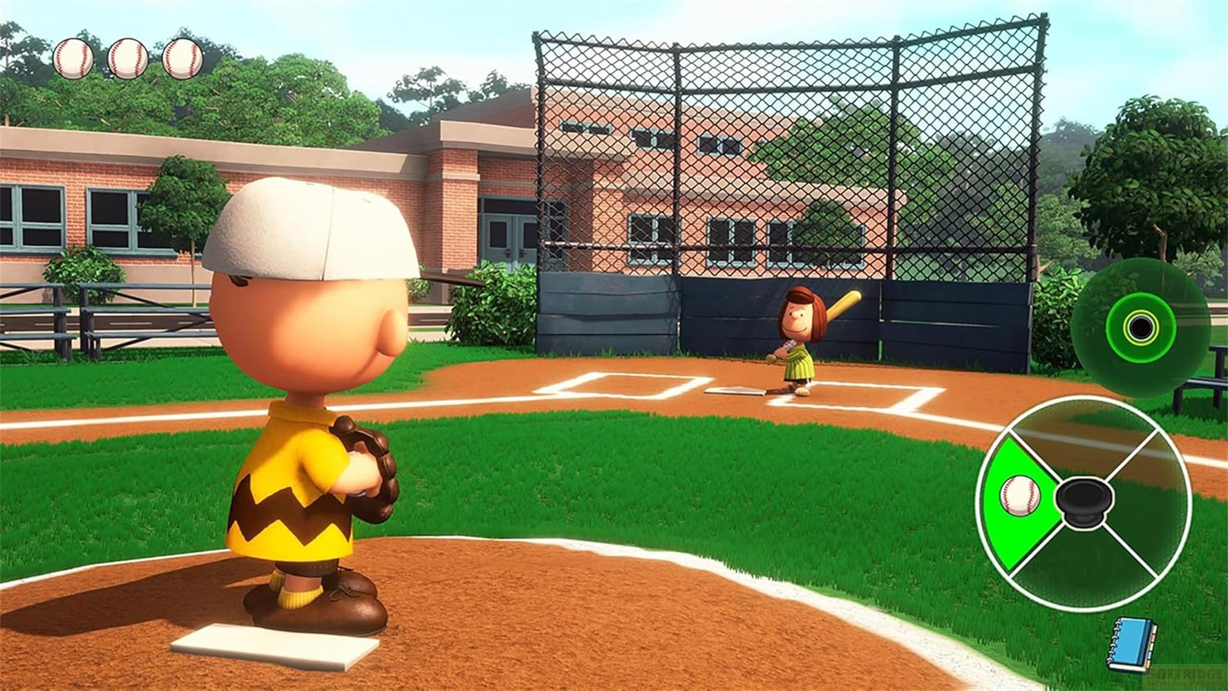 Charlie Brown lancia un battitore davanti a un campo da baseball scolastico.