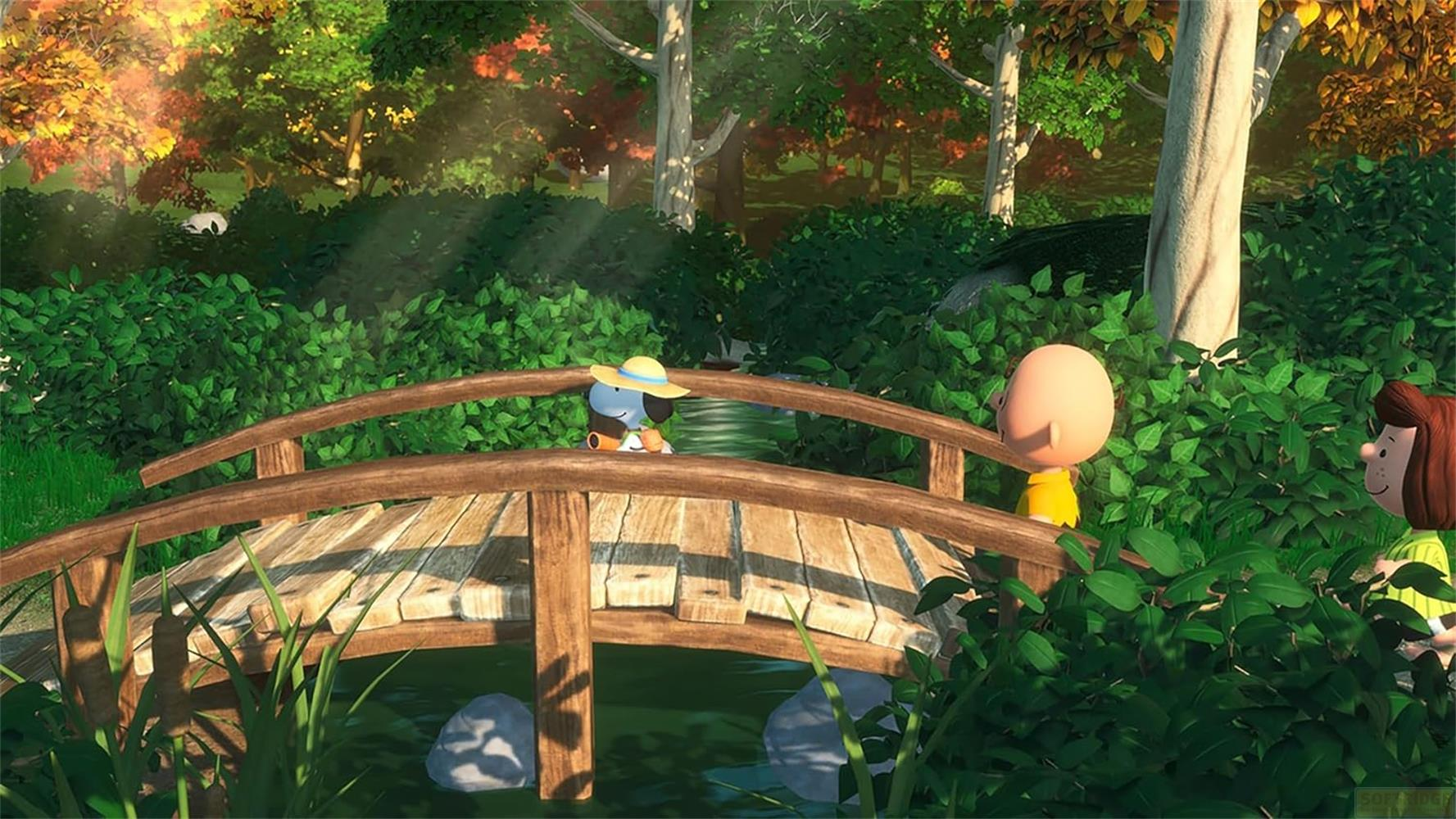Tre personaggi dei cartoni animati su e vicino a un ponte di legno in una foresta autunnale.