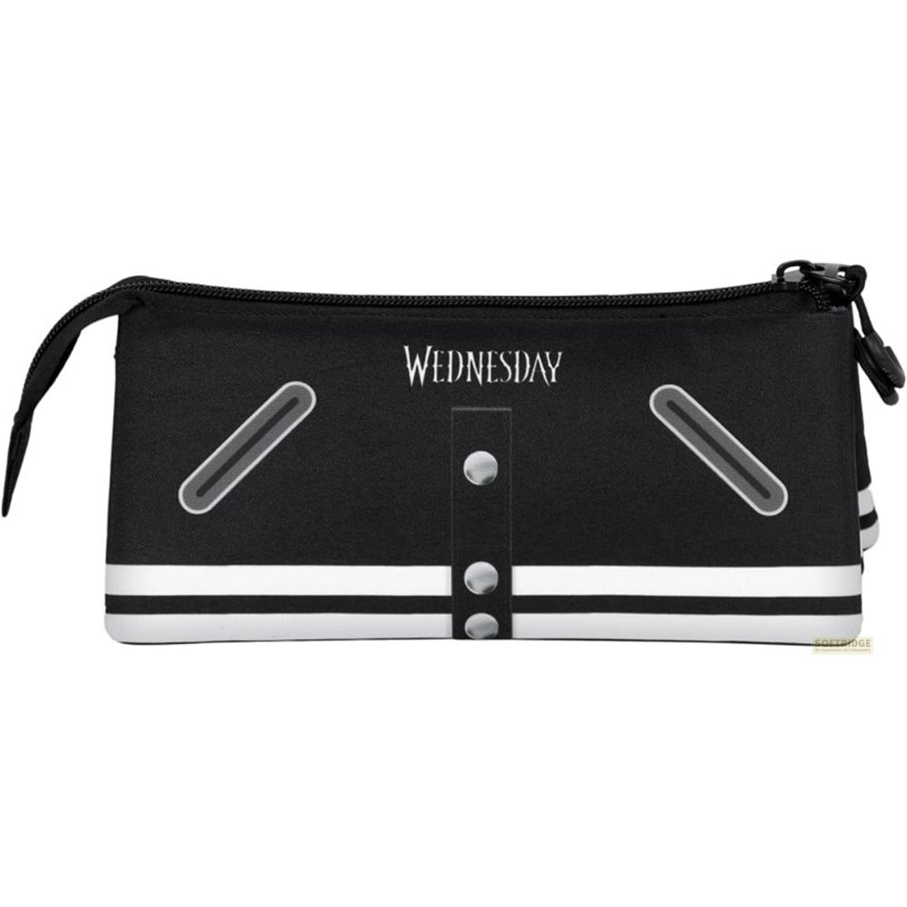 Estuche blanco y negro con la palabra "WEDNESDAY" y botones.