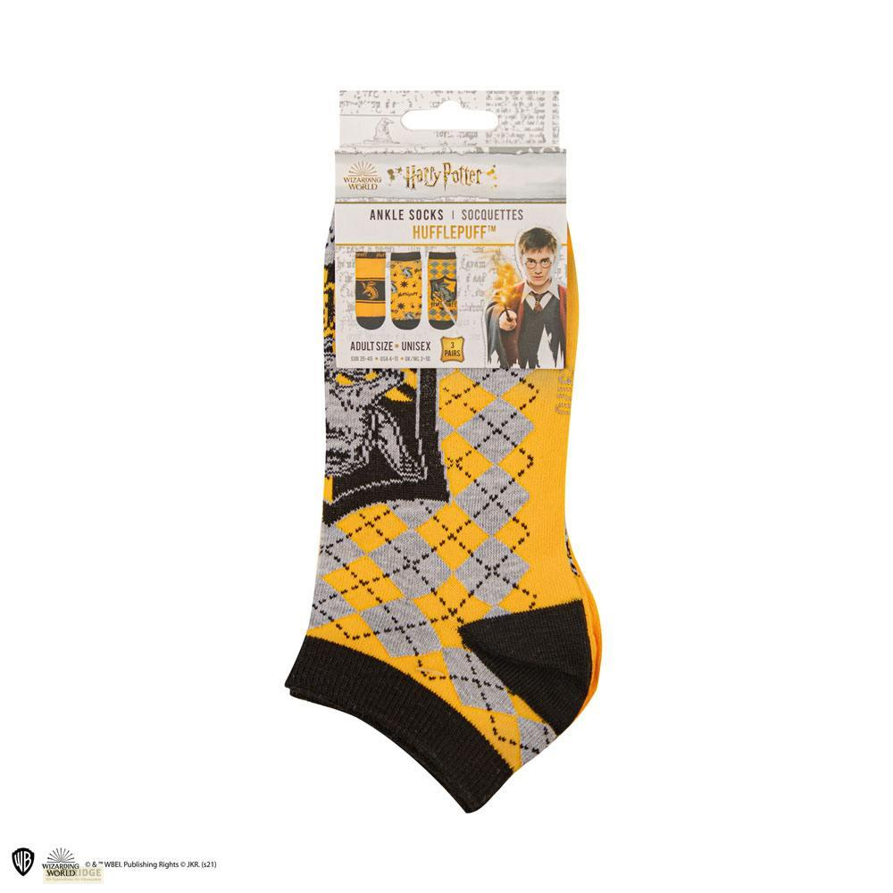 Harry Potter Hufflepuff Socken im 3er-Pack. Gelb, grau und schwarz.