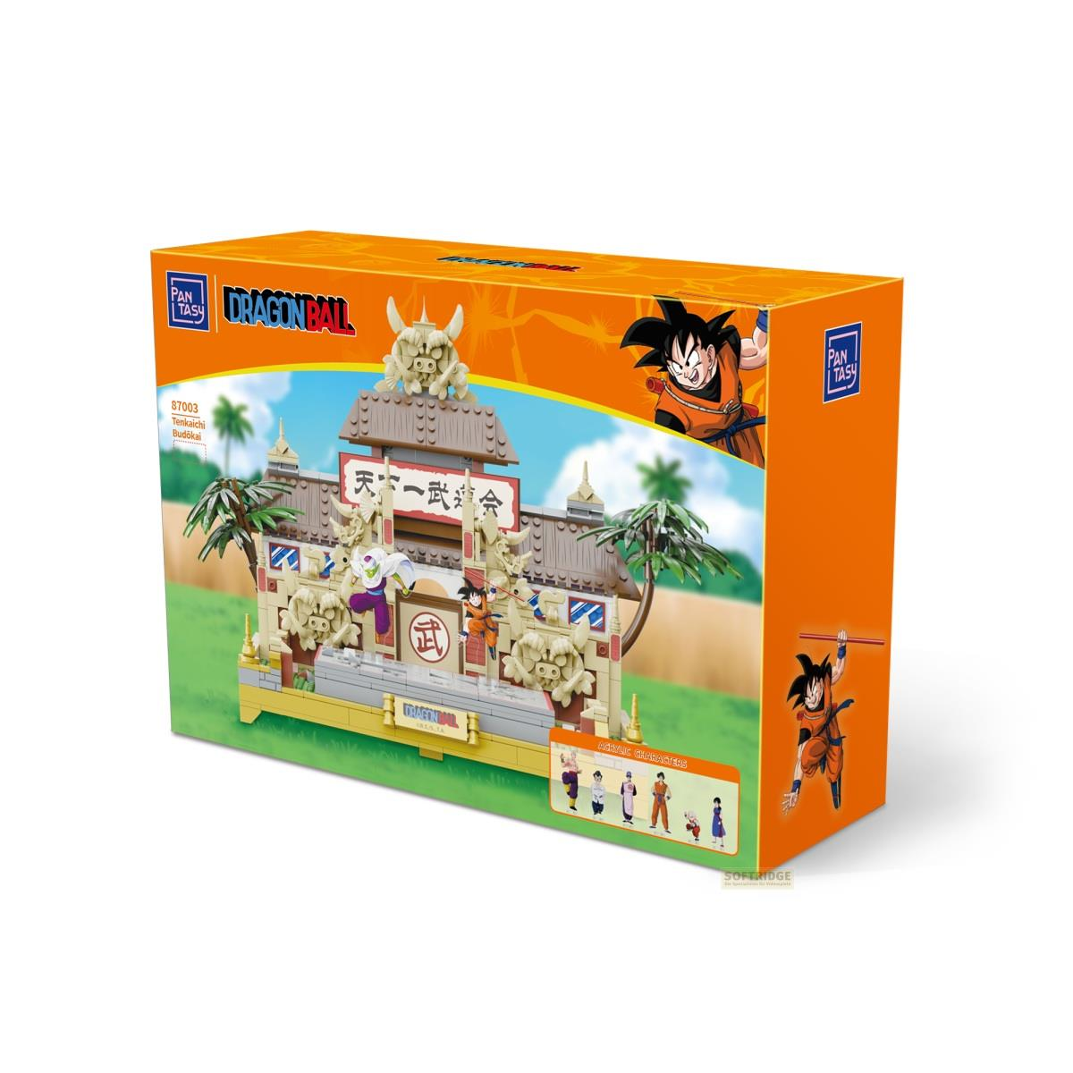 Set de construction Dragon Ball : Arène Tenkaichi Budokai avec figurines et palmiers.