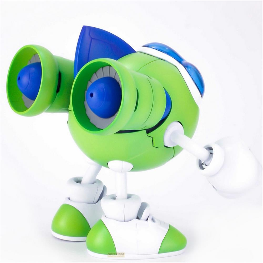 Robot vert avec deux buses, des yeux bleus et des chaussures blanches.