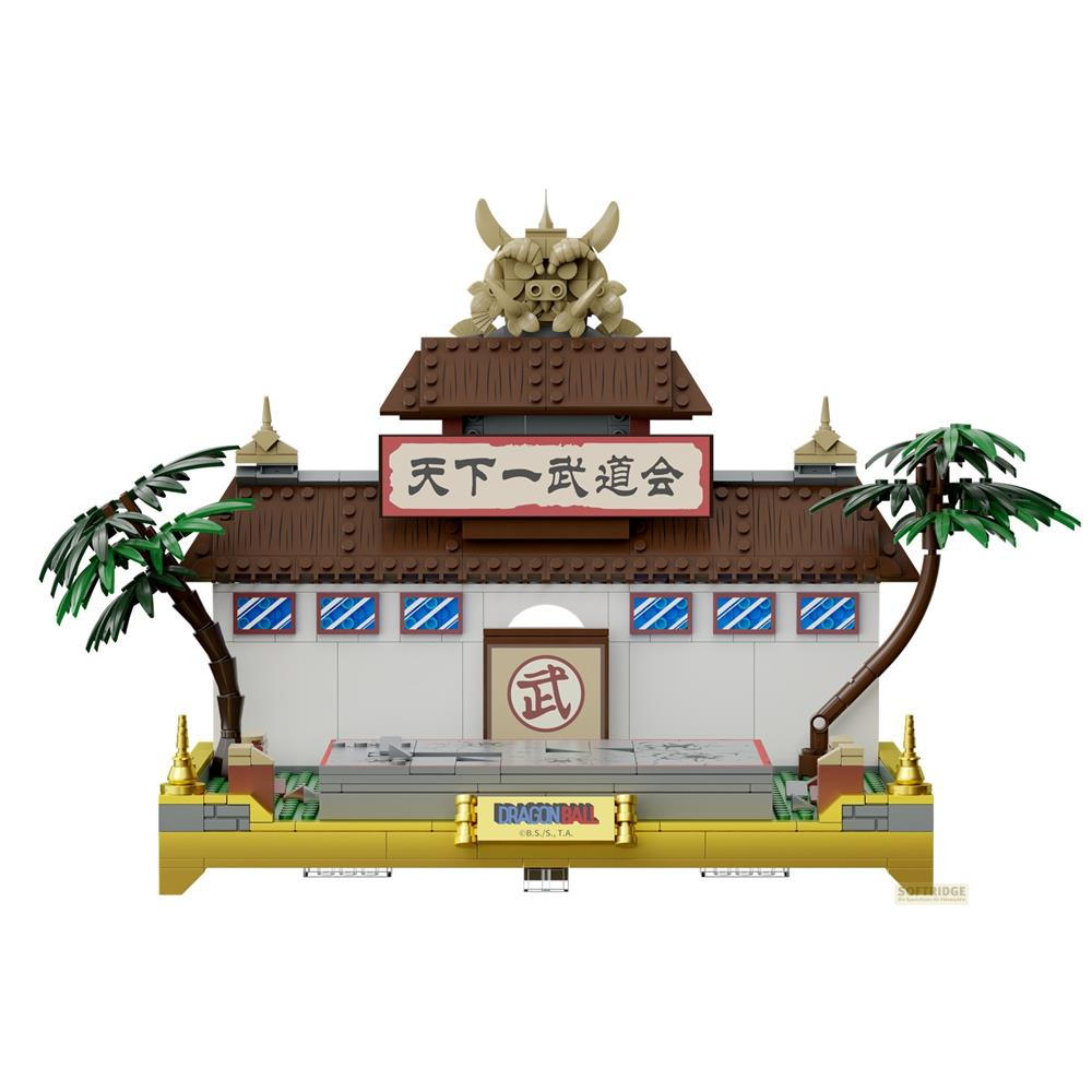 Modèle Lego d'un bâtiment traditionnel avec palmiers, panneaux et tête de dragon.