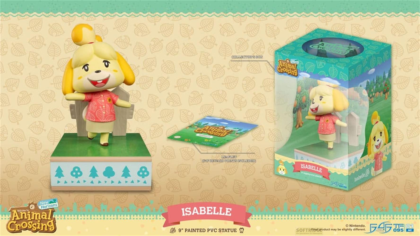 Figurine d'Isabelle d'Animal Crossing, en boîte et sur socle.