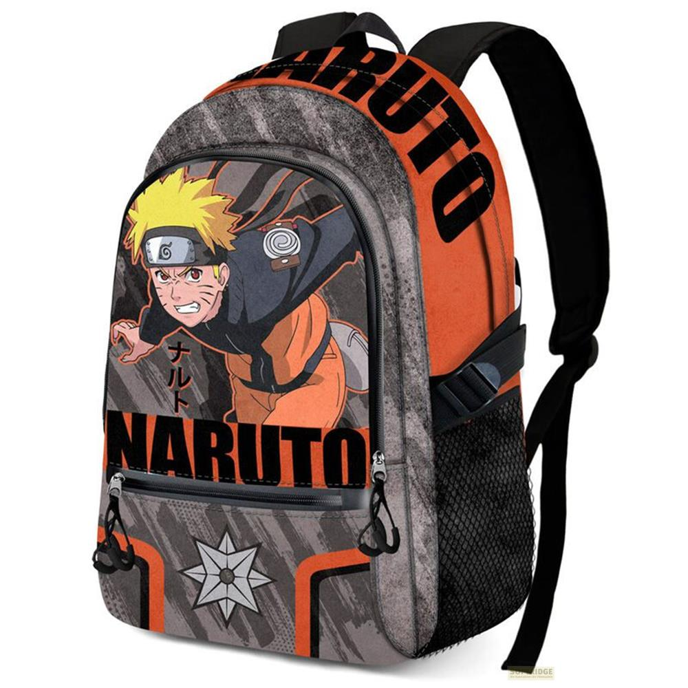 Rucksack mit Naruto-Aufdruck, orange und grau, mit schwarzen Trägern.