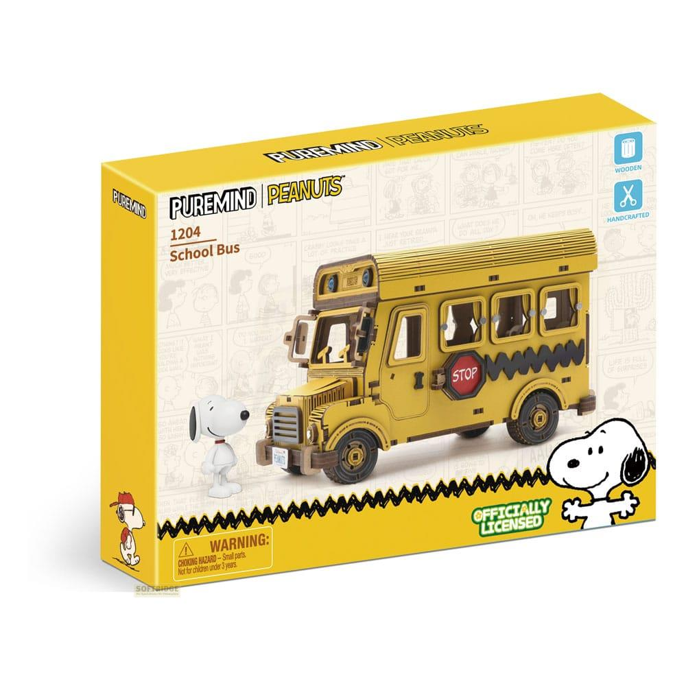 Gelber Schulbus-Bausatz mit Snoopy-Figuren und Warnhinweis.