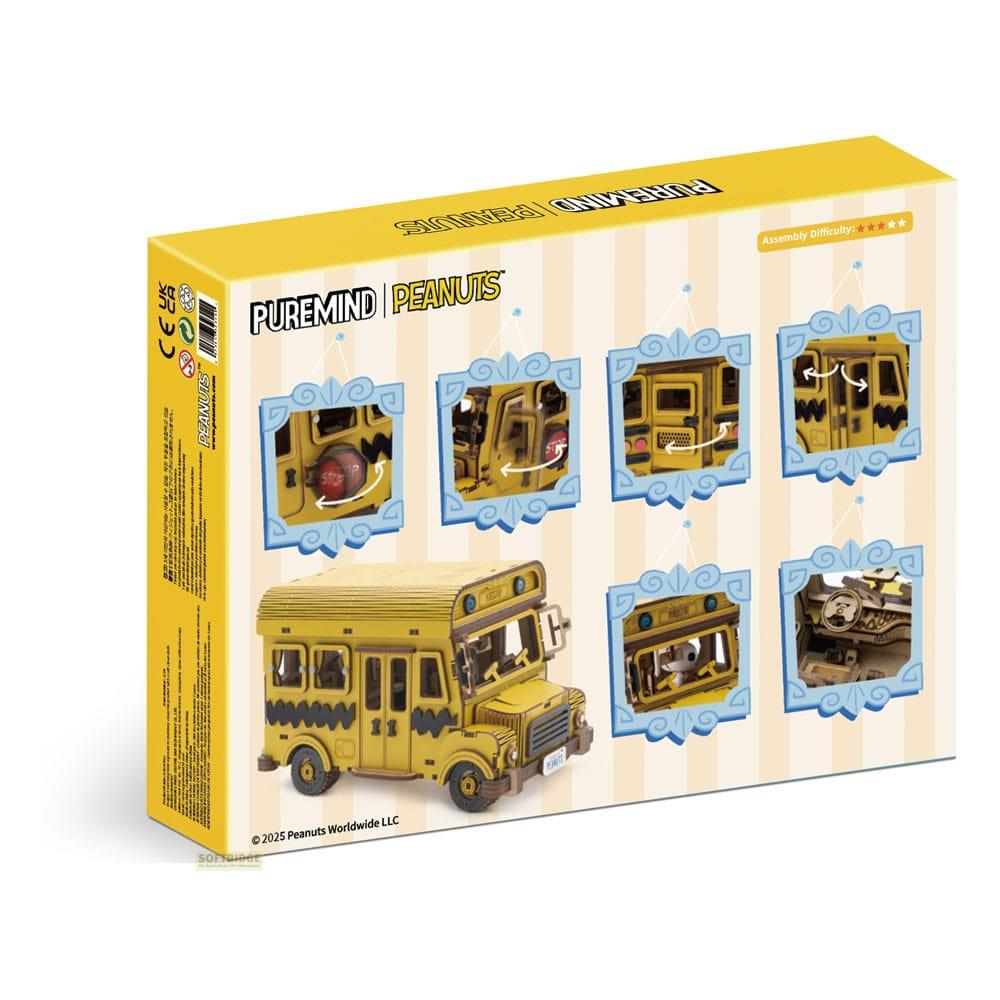 Verpackung eines gelben Schulbus-Modells mit Detailaufnahmen.