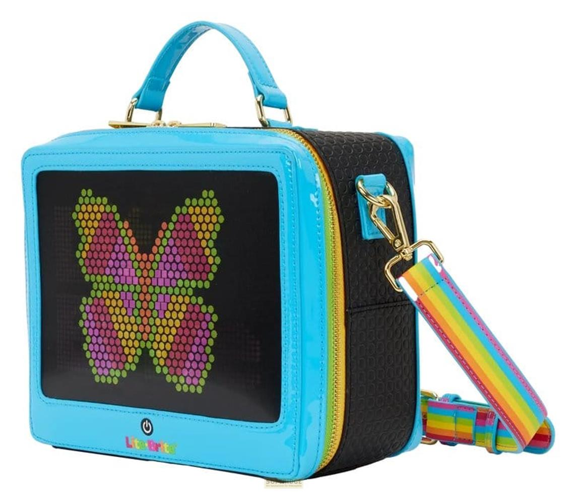 Bolso azul con pantalla LED de mariposa y correa de arcoíris.