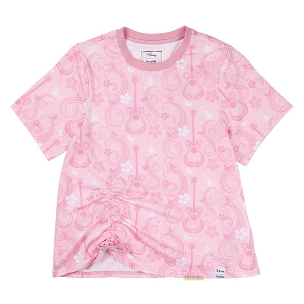 Pinkes T-Shirt mit Ukulele- und Blumenmuster. Raffung an der Seite.