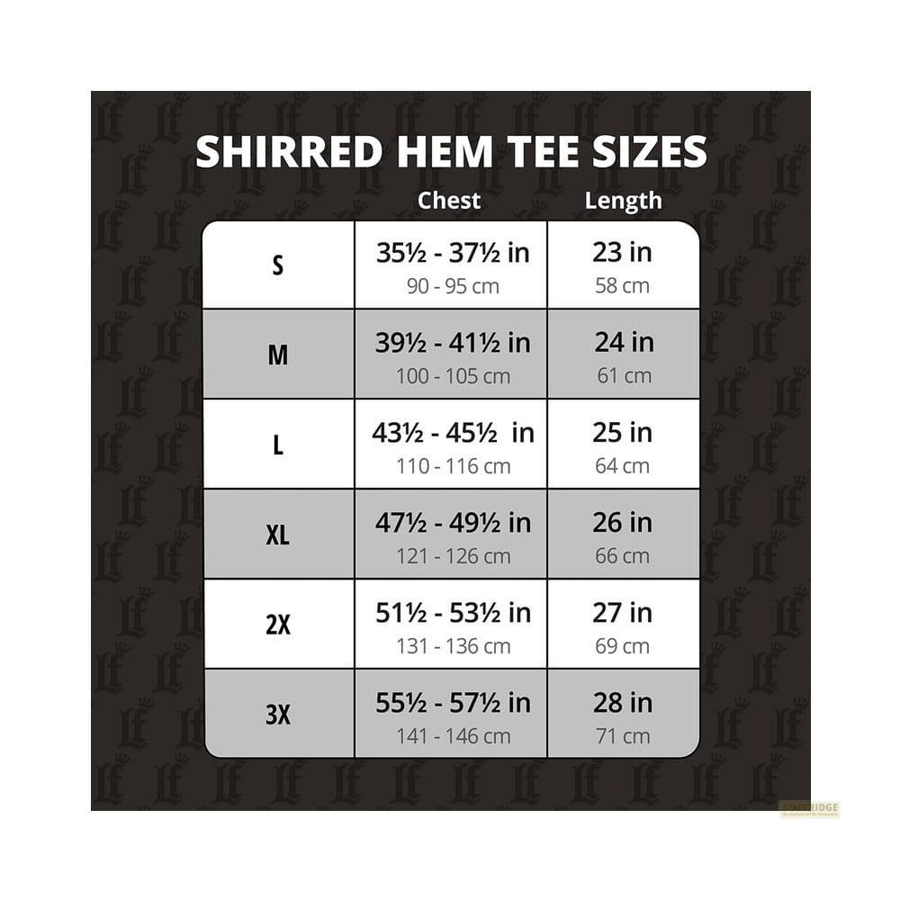Größentabelle für Shirred Hem T-Shirts: Größen S-3X, Brust- und Längenmaße.