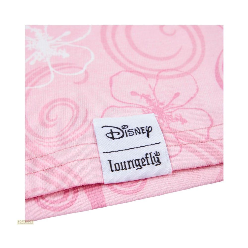 Rosa Stoff mit Blumenmuster, Disney und Loungefly Logos.