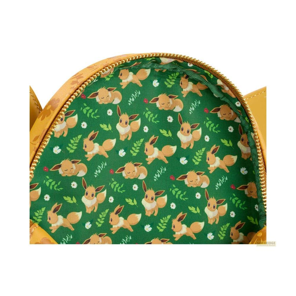 Bolso amarillo con forro verde, estampado con Eevees y flora.