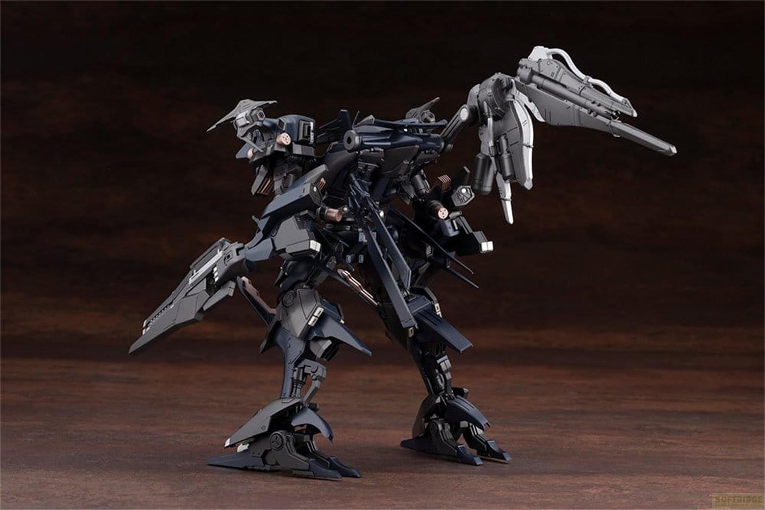 Ein dunkler, komplexer Mech mit Waffen und Gelenken, auf einem braunen Hintergrund.
