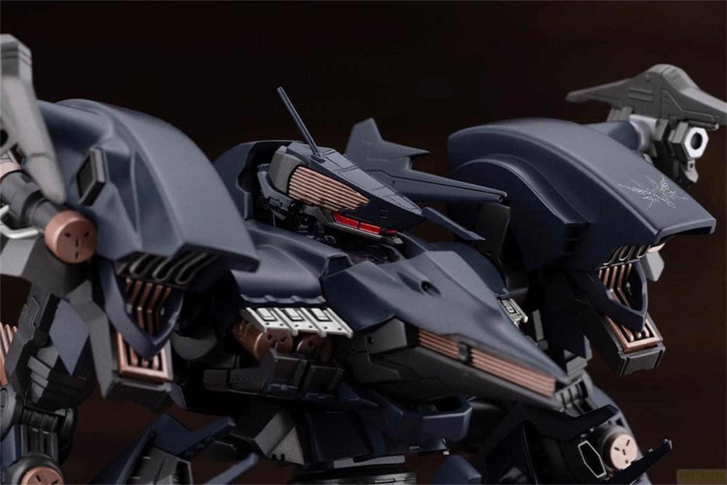 Ein dunkelblauer Mech mit kupfernen Akzenten, detailliert und futuristisch.