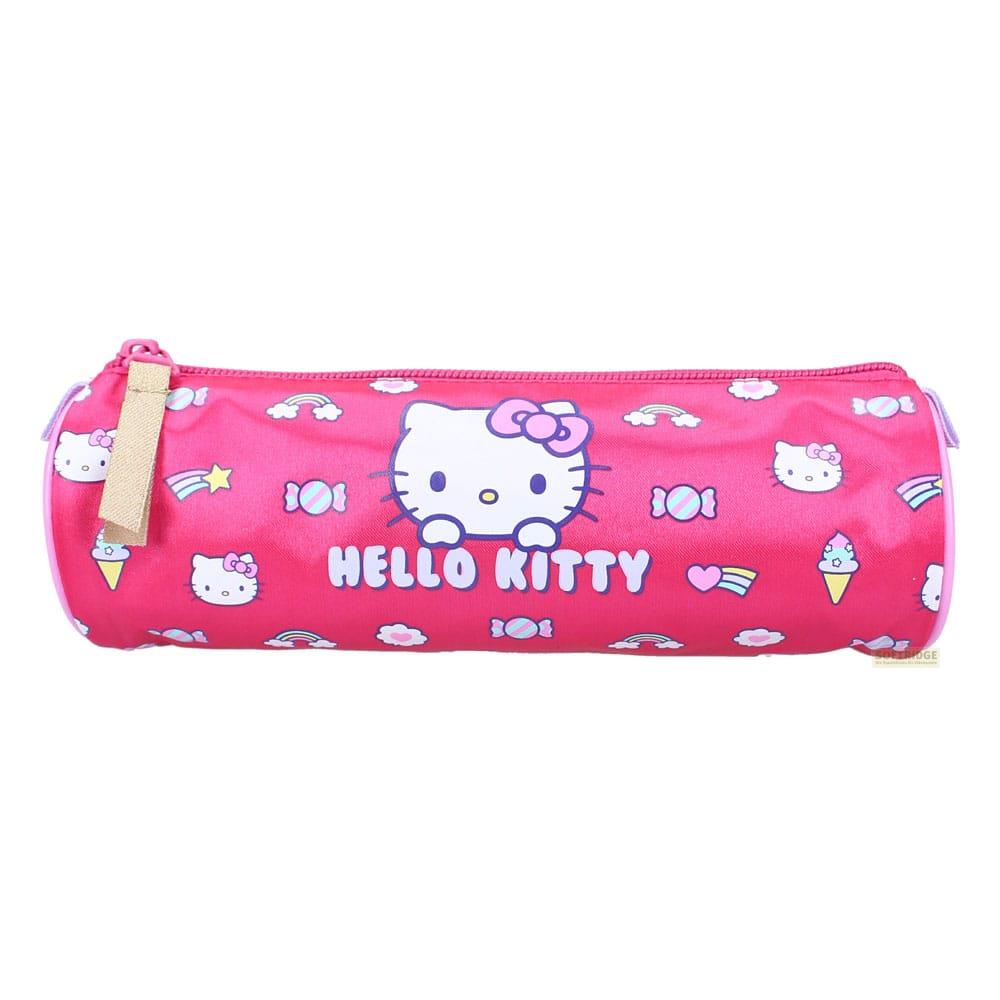 Un estuche rosa con Hello Kitty y motivos de dulces.