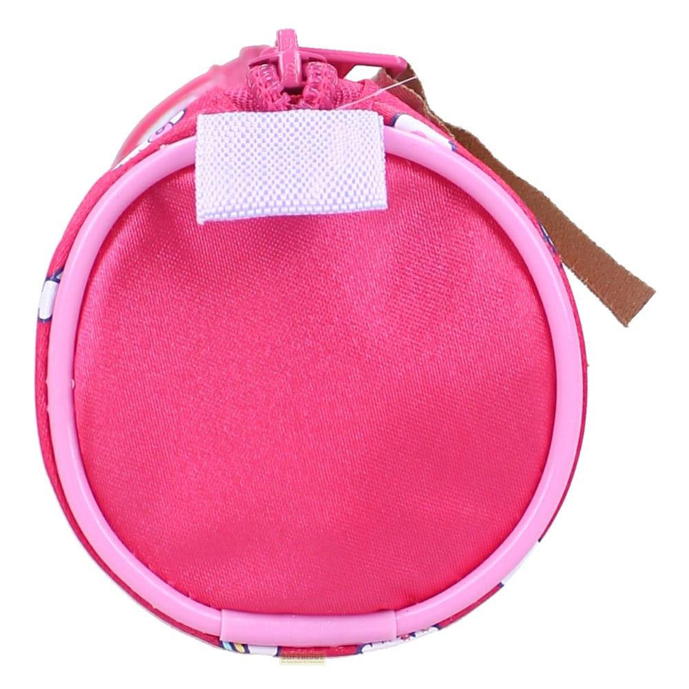 Bolsa redonda y rosa con cremallera y correa marrón.